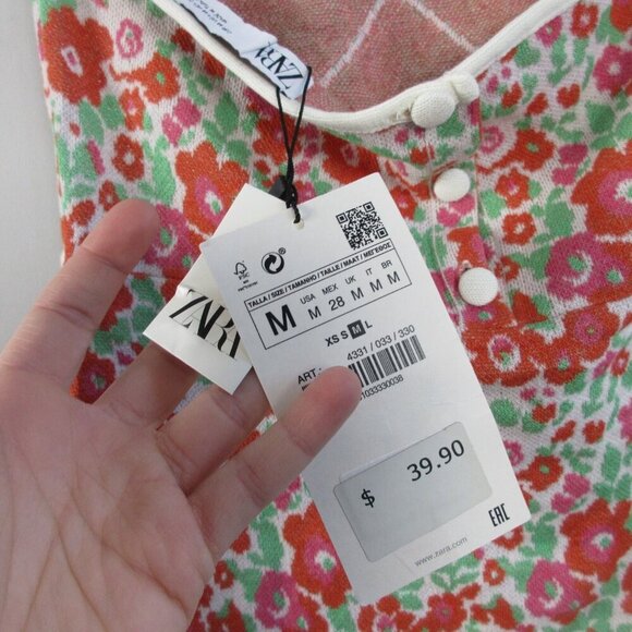 Zara Floral Halter Dress M Pink Green Knit Open Back Viscose Cotton Beach 194 - Picture 5 of 13